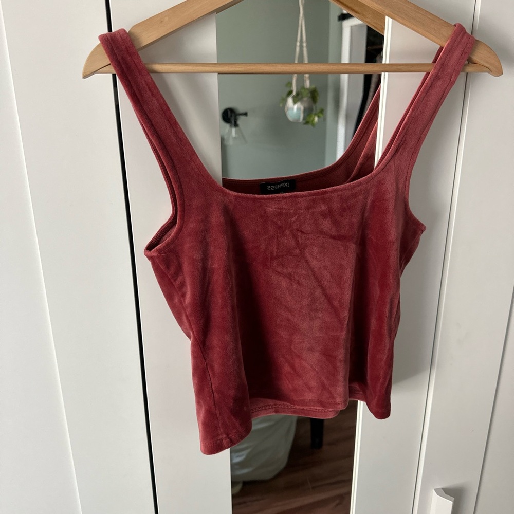 Express Velour Crop Top Stretch Square Neck Tank Top - Wine Red - Picture 5 of 5